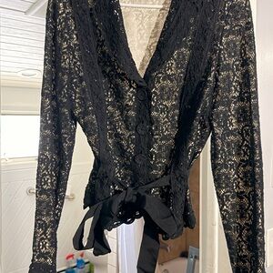 Kay Unger Black Lace Button-Up Blouse